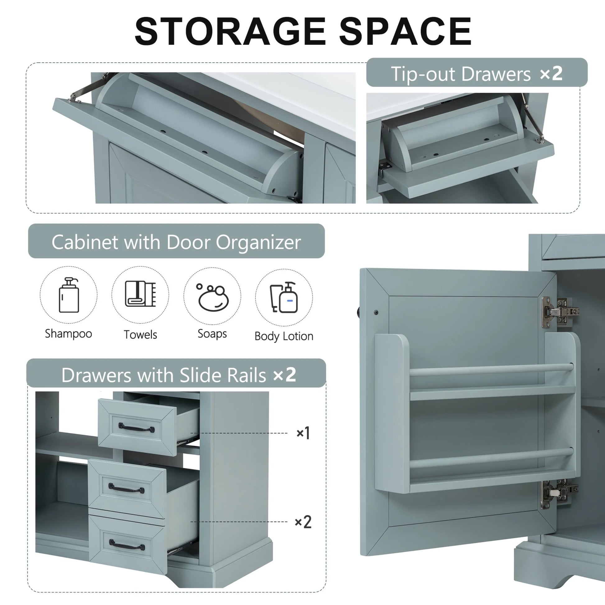 Christopher Knight Home 36" Bathroom Vanity with Sink, Tip-out Drawers, Soft-Close Doors, Grey