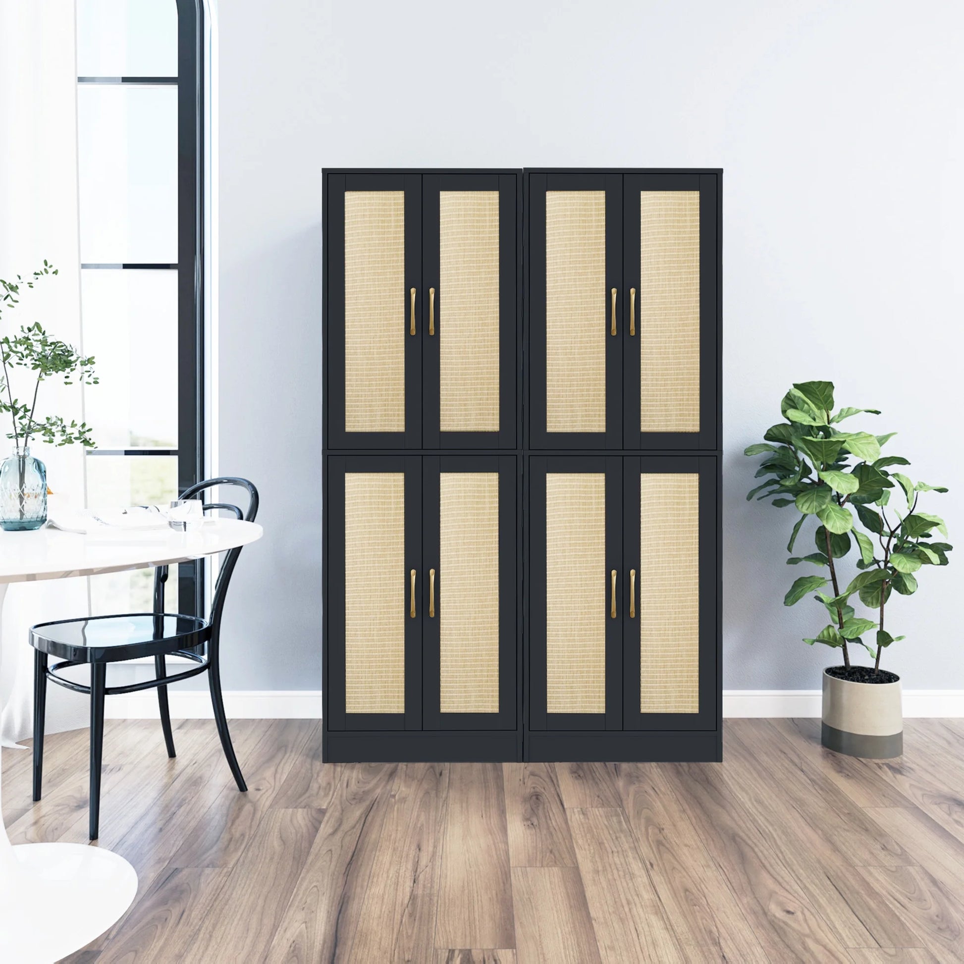 BOCVKENN Storage Cabinet - Kitchen Pantry Cabinet, Tall Pantry Storage Cabinet Freestanding with 4 Rattan Doors and Adjustable Shelves, Cupboard Cabinet for Dining Living Room, Laundry, Bathroom