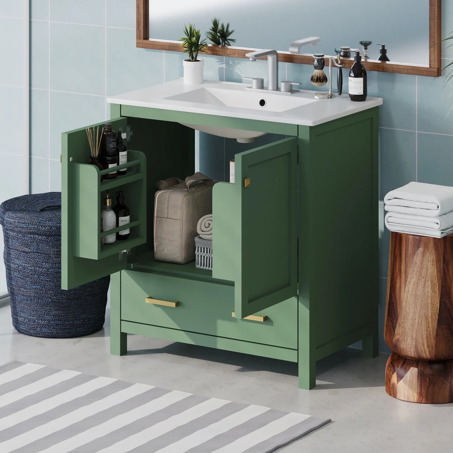 Harper & Bright Designs 30" Bathroom Vanity with Sink Combo, Bathroom Cabinet with Ceramic Top, Multifunctional Storage Doors and Drawer, Green