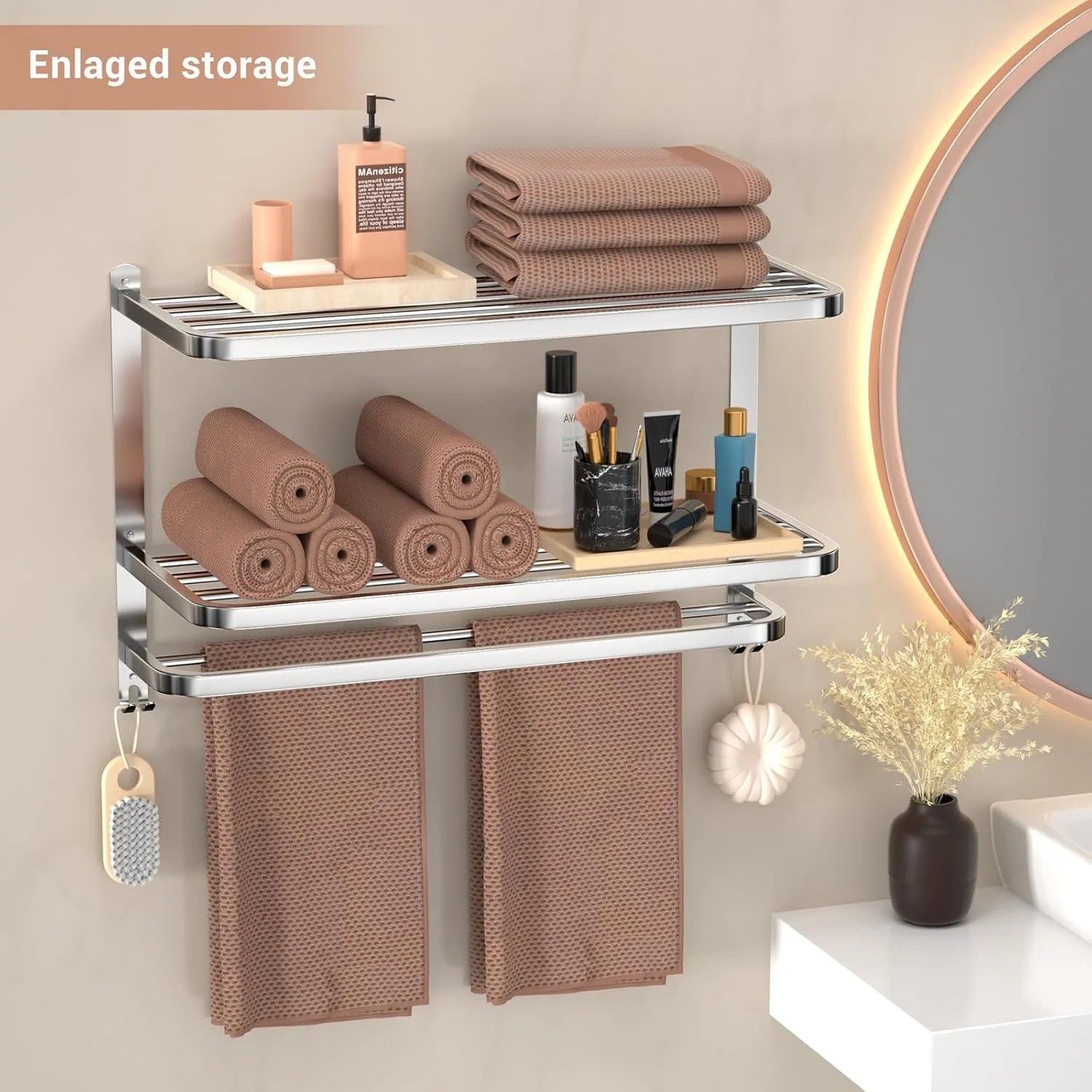 3-Tier Towel Racks for Bathroom with Towel Bars Multilayer Hotel Towel Shelf Stainless Steel Wall-Mounted Brushed Finish Holder with Towel Shelves 23 Inches