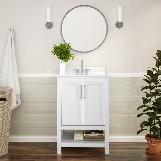 BizChair 24 Inch Bathroom Vanity with Sink Combo, Storage Cabinet with Soft Close Doors and Open Shelf, Carrara Marble Finish Countertop, White/White
