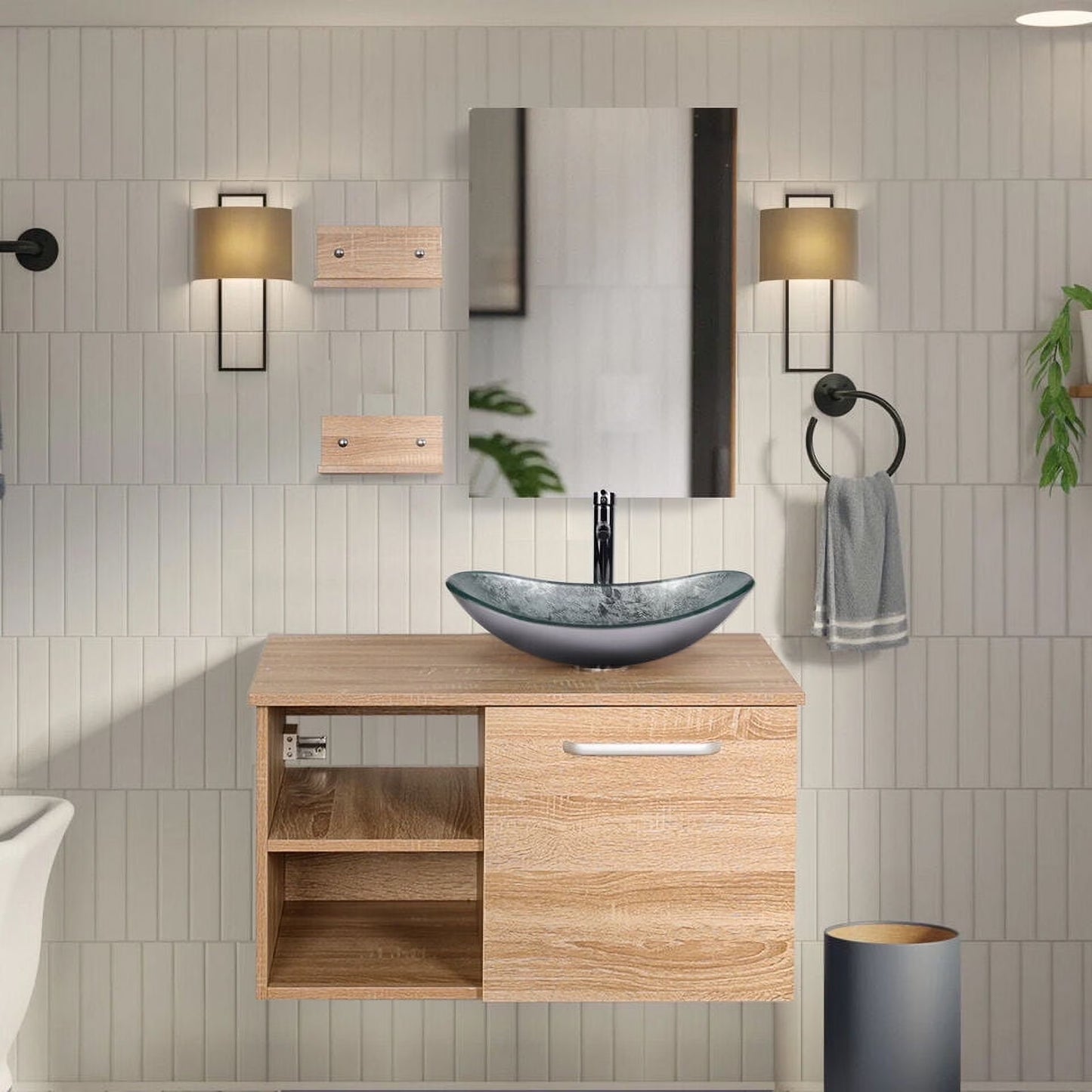 FULLWATT 28 Inch Modern Bathroom Vanity Set with Mirror Wall Mount Wood Color Cabinet Glass Sink Chrome Faucet and Pop Up Drain