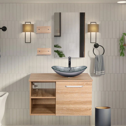 FULLWATT 28 Inch Modern Bathroom Vanity Set with Mirror Wall Mount Wood Color Cabinet Glass Sink Chrome Faucet and Pop Up Drain