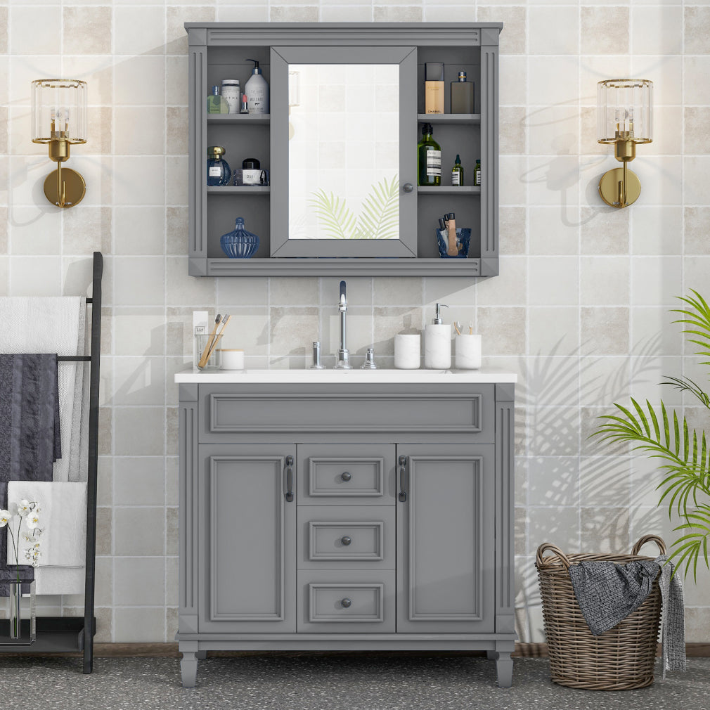 36'' Bathroom Vanity Set, Undermount Bathroom Cabinet and Mirror Cabinet, Ceramic Sink Top, Storage Cabinet with 2 Soft Closing Doors and 2 Drawers, Vanity Cabinet Set, Suit for 4'' Faucet, Gray