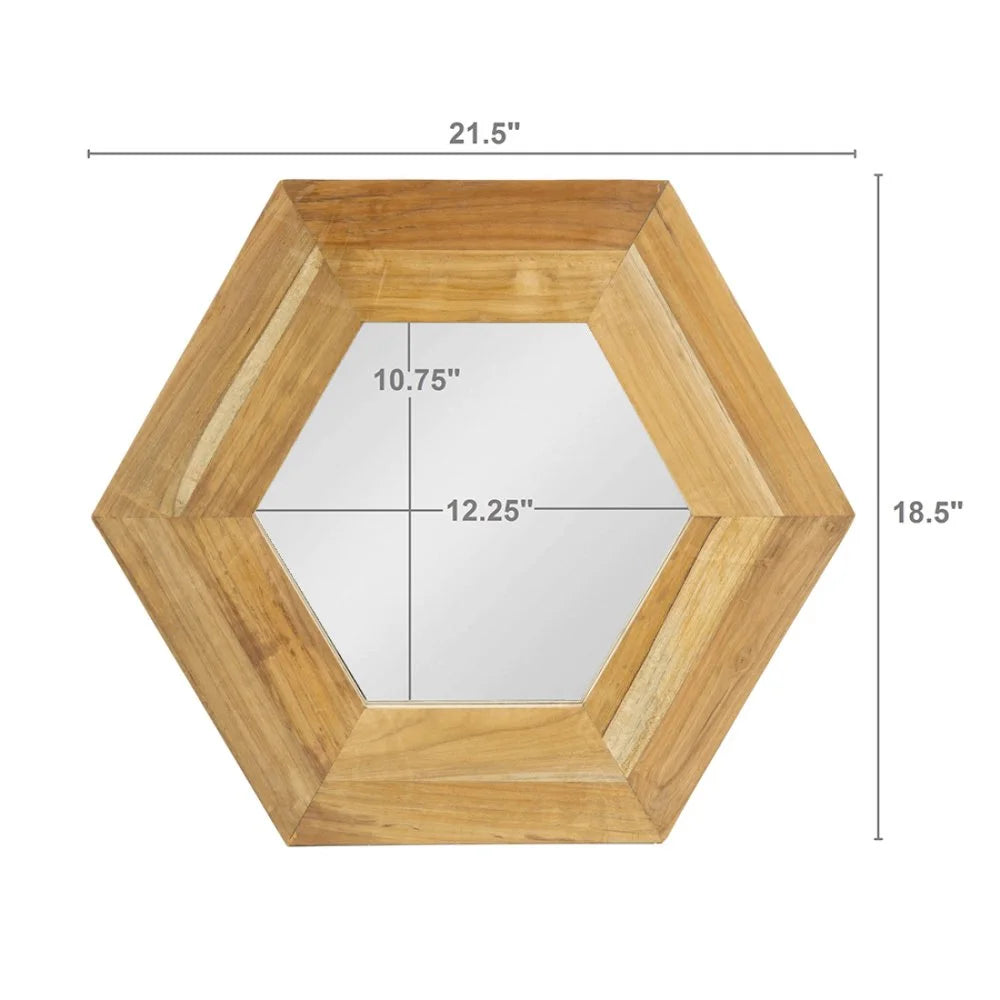 Tcbosik Decorative 18.5" Hexagon Hanging Wall Mirror with Natural Wood Frame and Attached Hanging Bracket, Rustic Farmhouse Decor for the Living Room, Bathroom, Bedroom, and Entryway