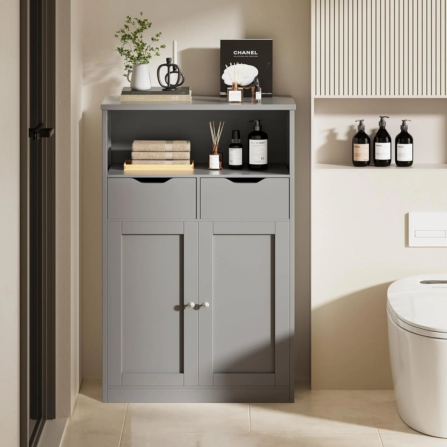 Vongrasig Farmhouse Freestanding Pantry Cabinet with 2 Drawers and Shelves, Wooden Storage Organizer for Bathroom, Living Room, Grey