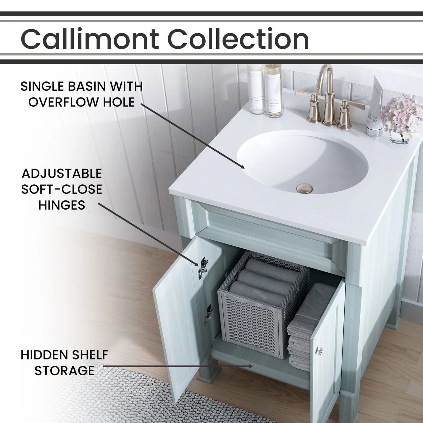 Hanover Callimont 24'' Vanity Cabinet with Sink Combo for Bathroom, Powder Room | Pre-Assembled Cabinet | Accent Mirror | Artificial Stone Countertop | Blue Cabinet | HANVN0106-24-0BL