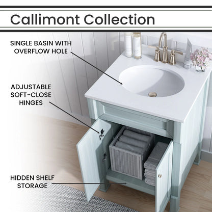 Hanover Callimont 24'' Vanity Cabinet with Sink Combo for Bathroom, Powder Room | Pre-Assembled Cabinet | Accent Mirror | Artificial Stone Countertop | Blue Cabinet | HANVN0106-24-0BL