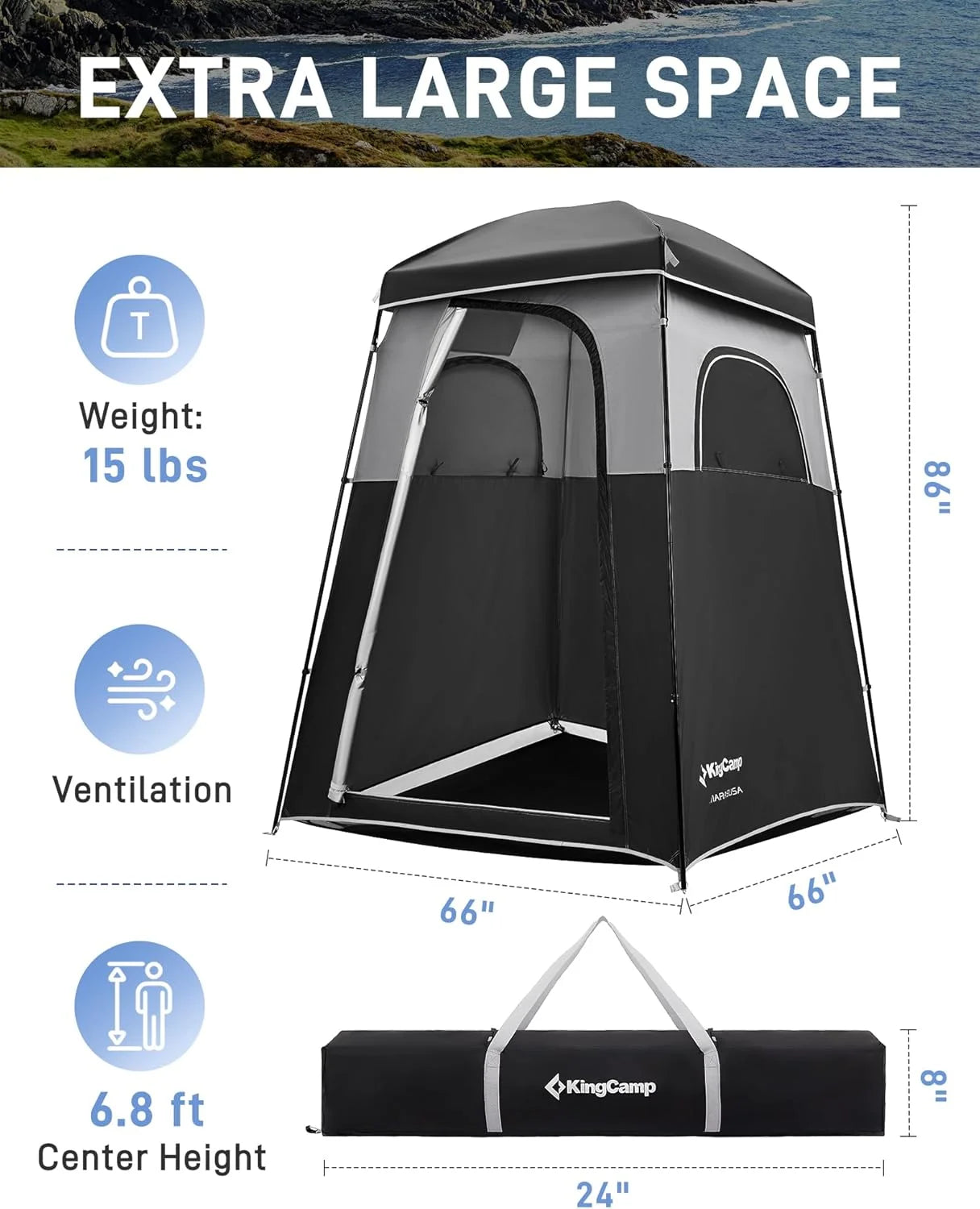 KingCamp Shower Tent, Portable Camping Bathroom Tent with 5 Gallon Solar Heated Bag, Outdoor Privacy Changing Room Tent, Privacy Shelter for Toilet, Dressing Outdoor Camping, Hiking