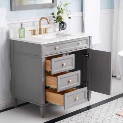 FORCLOVER 36" Bathroom Vanity with Sink Top Combo Set, Freestanding Solid Wood Bathroom Makeup Cabinet W/ 1 Soft-Close Door and 3 Soft-Close Drawers, Carrara White Quartz Countertop, Grey