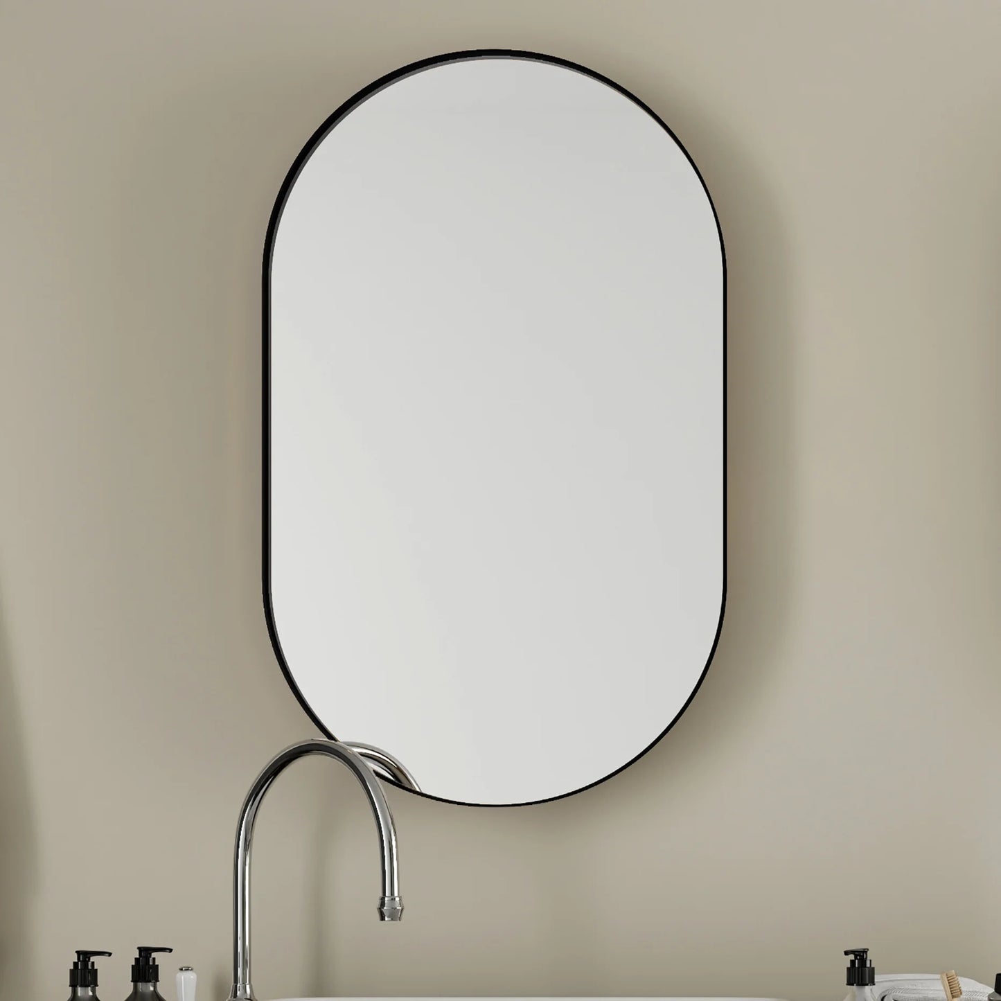 20x34 Inch Oval Recessed Bathroom Storage Cabinet, Matte Black Metal Frame, Mirror With Adjustable Shelves, Space Efficient Recessed, Versatile Functionality