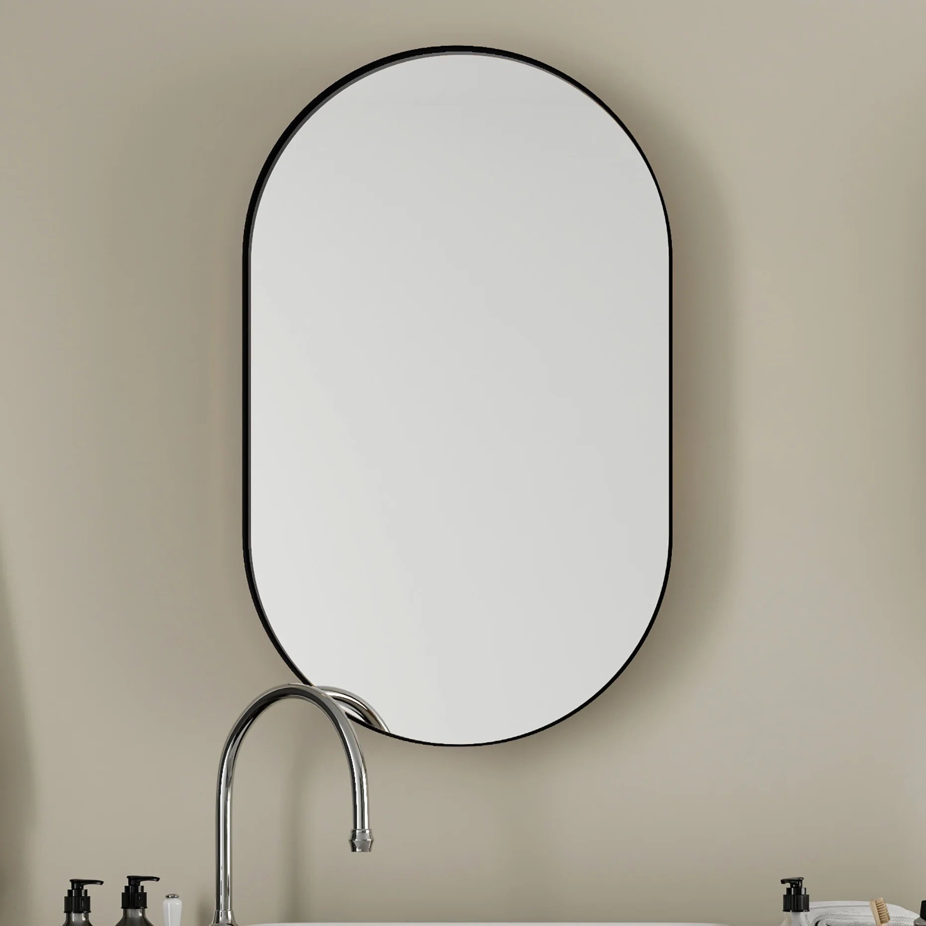 20x34 Inch Oval Recessed Bathroom Storage Cabinet, Matte Black Metal Frame, Mirror With Adjustable Shelves, Space Efficient Recessed, Versatile Functionality