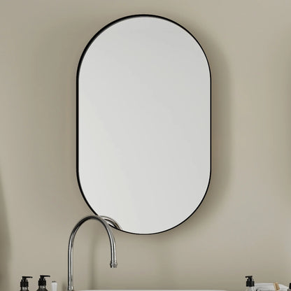 20x34 Inch Oval Recessed Bathroom Storage Cabinet, Matte Black Metal Frame, Mirror With Adjustable Shelves, Space Efficient Recessed, Versatile Functionality