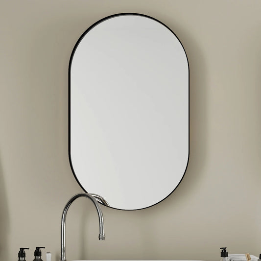 20x34 Inch Oval Recessed Bathroom Storage Cabinet, Matte Black Metal Frame, Mirror With Adjustable Shelves, Space Efficient Recessed, Versatile Functionality