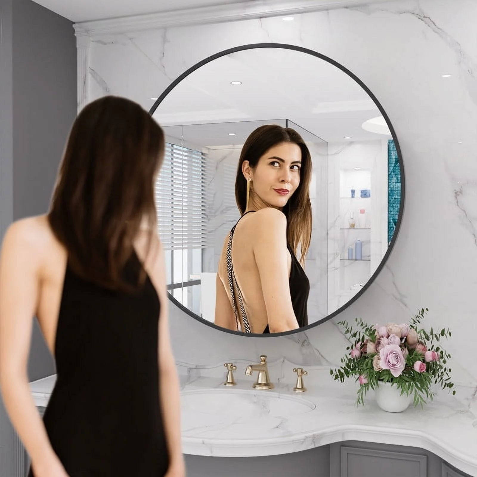 WallBeyond Bathroom Medicine Cabinet with Round Mirror Aluminum Framed 28", Black