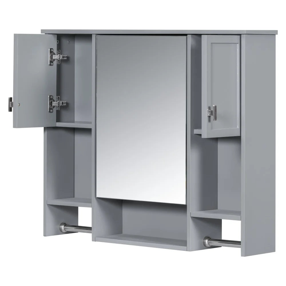 IVV Wall Mounted Bathroom Cabinet with Mirror, Modern Over The Toilet Storage Cabinet, White Medicine Cabinet Organizer with 3 Doors, 2 Towel Bars, Open Storage & Adjustable Shelves