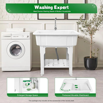 Utility Sink Laundry Tub,Freestanding Plastic Laundry Sink with Washboard, Slop Sink Garage Sink Portable Sink For Laundry Room, Garage, Bathroom, Kitchen (31.5in, White)