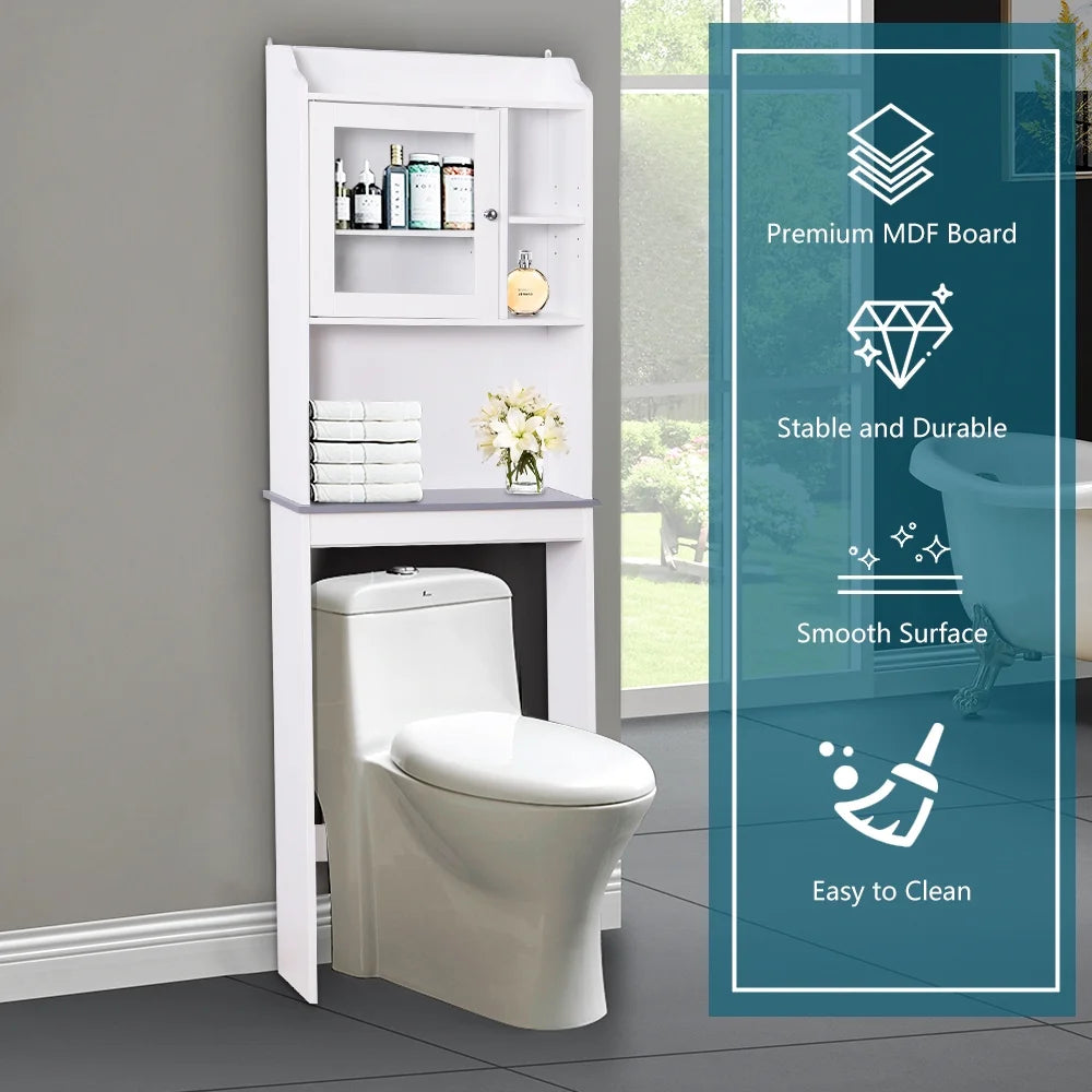 Over-The-Toilet Space Saver, Bathroom Storage Cabinet, Toilet Organizer with Adjustable Shelves and Door Cabinet, Wooden Behind Toilet Storage for Space Saving, Easy Assembly - White, K3822