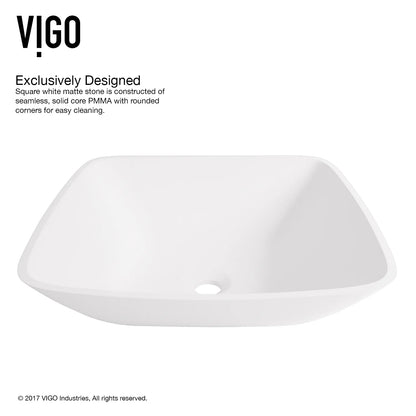 VIGO Hyacinth Modern White Matte Stone 14 in. L x 14 in. W x 4 in. H Square Vessel Bathroom Sink