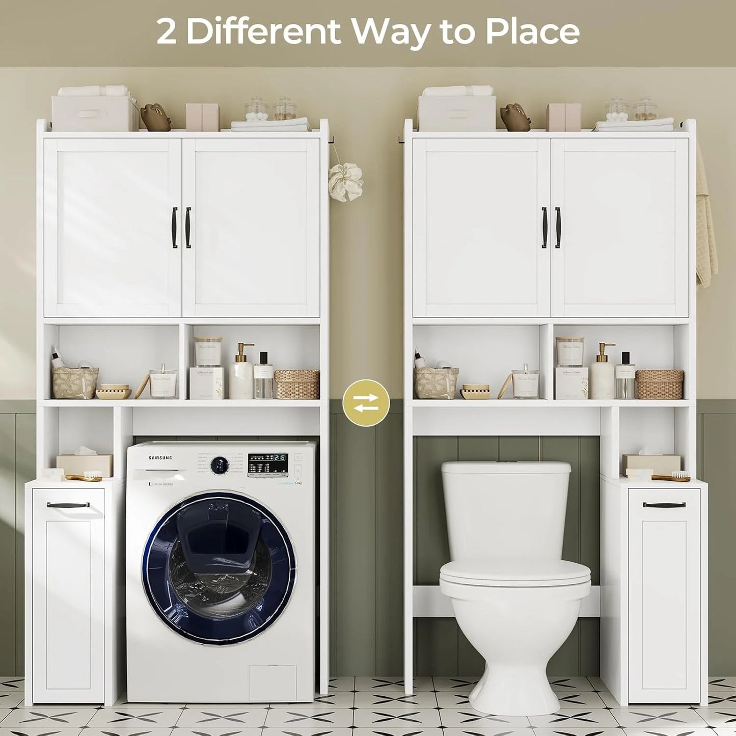 Frhnenha Over The Toilet Storage Cabinet with Pulley, Bathroom Storage Cabinet, with Adjustable Shelf and Open Shelf for Bathroom, Restroom, Laundry, White