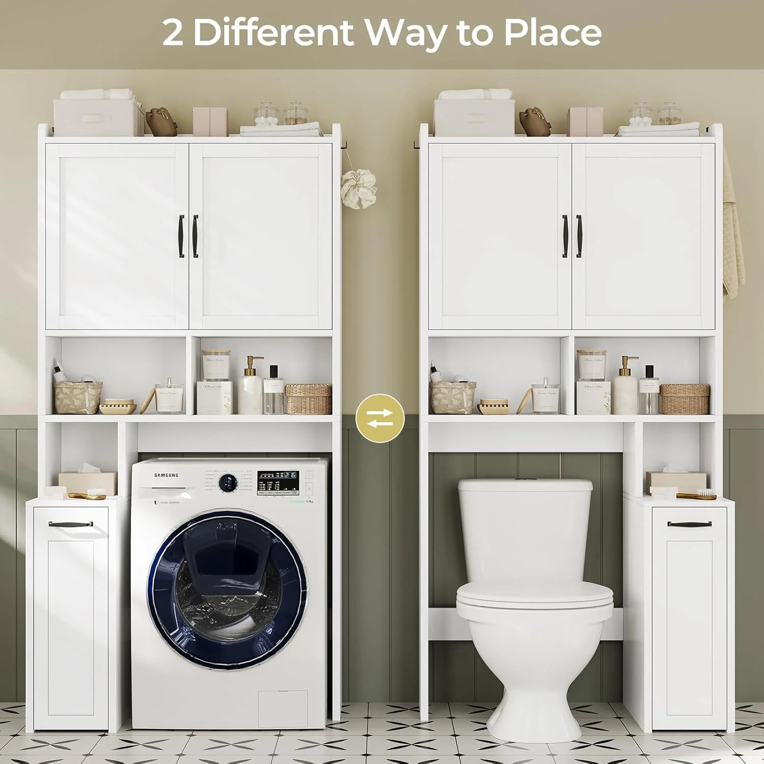 Frhnenha Over The Toilet Storage Cabinet with Pulley, Bathroom Storage Cabinet, with Adjustable Shelf and Open Shelf for Bathroom, Restroom, Laundry, White