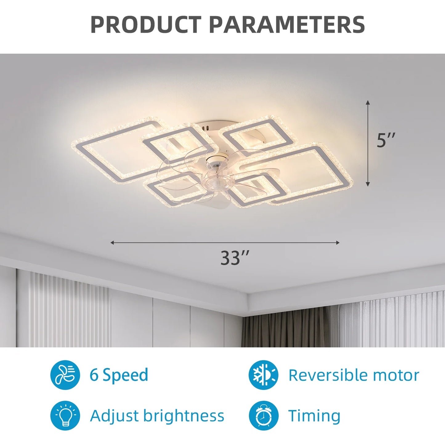 33inch Modern LED Ceiling Fan Light with Remote, Dimmable 6-Ring Square Flush Mount Lighting Fixture for Bedroom, Living Room, Kitchen, Bathroom, Balcony