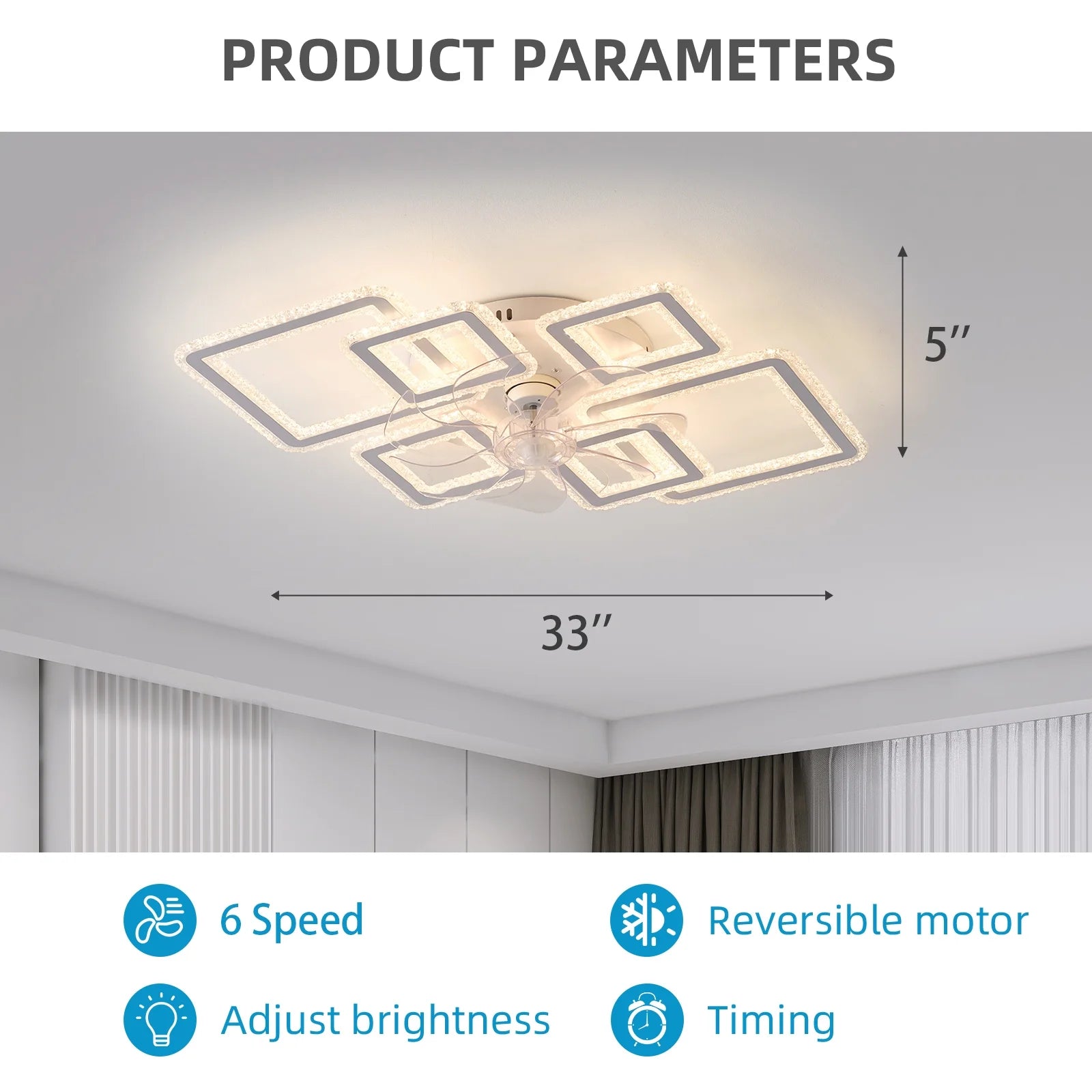 33inch Modern LED Ceiling Fan Light with Remote, Dimmable 6-Ring Square Flush Mount Lighting Fixture for Bedroom, Living Room, Kitchen, Bathroom, Balcony