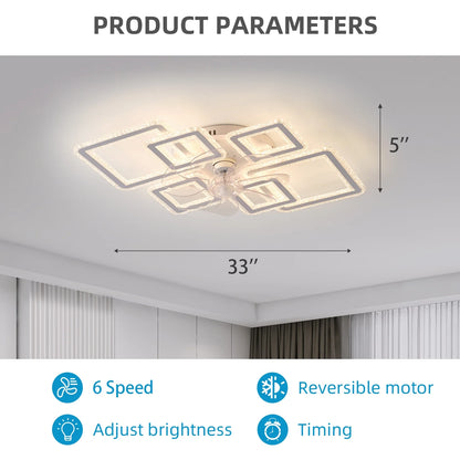 33inch Modern LED Ceiling Fan Light with Remote, Dimmable 6-Ring Square Flush Mount Lighting Fixture for Bedroom, Living Room, Kitchen, Bathroom, Balcony