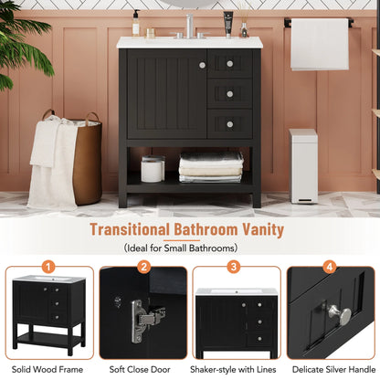 30" Transitional Green Bathroom Vanity with Sink Combo, Solid Wood Storage Cabinet featuring Soft Close Doors & 2 Drawers, Open Shelf, Waterproof Design & Easy Assembly for Modern Bathrooms