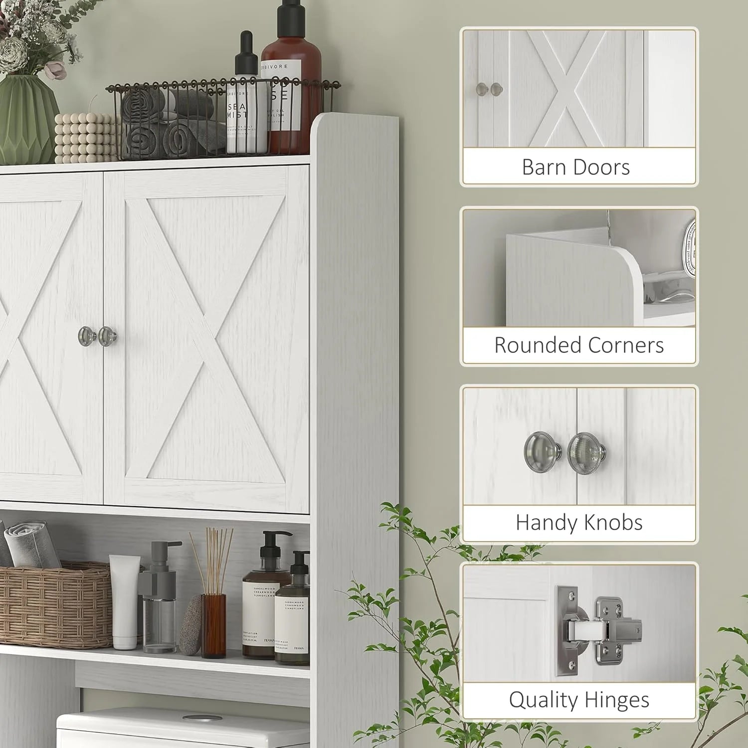 ZIRAV Over The Toilet Storage Cabinet, Farmhouse Above Toilet Bathroom Organizer with Barn Doors, Adjustable Shelf, Toilet Paper Holder, Freestanding Space Saver for Laundry, Distressed White