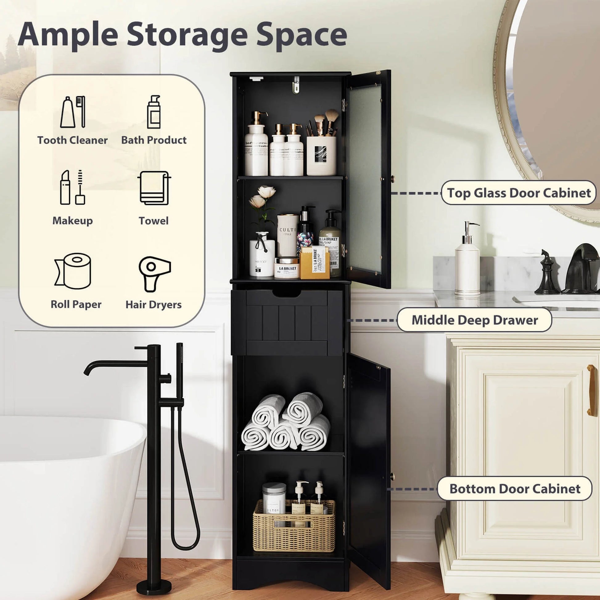 Costway Tall Bathroom Cabinet with Adjustable Shelves Deep Drawer for Living Room Black