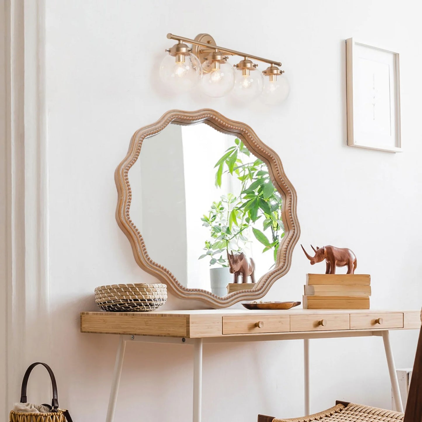 Honeey 24 Inch Circular Wave Wall Mirror, Large Decorative Wooden Frame Hanging Circular Mirror, Modern Farmhouse Decoration, Suitable for Bathroom, Living Room, Daycare Decoration