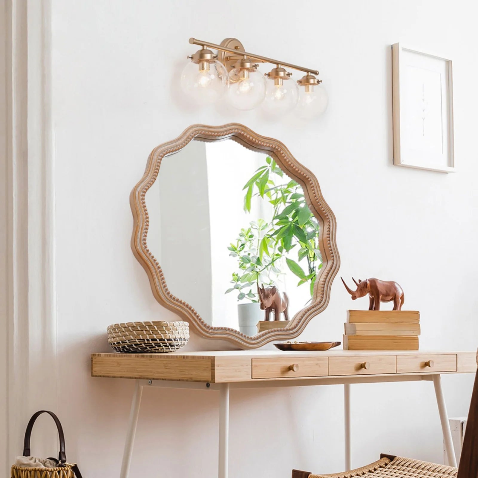 Honeey 24 Inch Circular Wave Wall Mirror, Large Decorative Wooden Frame Hanging Circular Mirror, Modern Farmhouse Decoration, Suitable for Bathroom, Living Room, Daycare Decoration