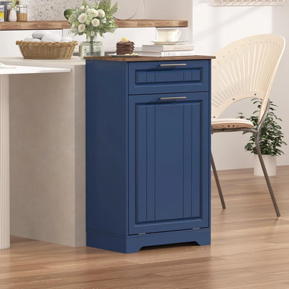 Single 10 Gallon Tilt Out Trash Can Cabinet with Deodorizing Function, Wooden Hidden Garbage Can Holder with Storage Drawers for Kitchen and Dining Room, Laundry Hamper Cabinet for Bathroom, Blue