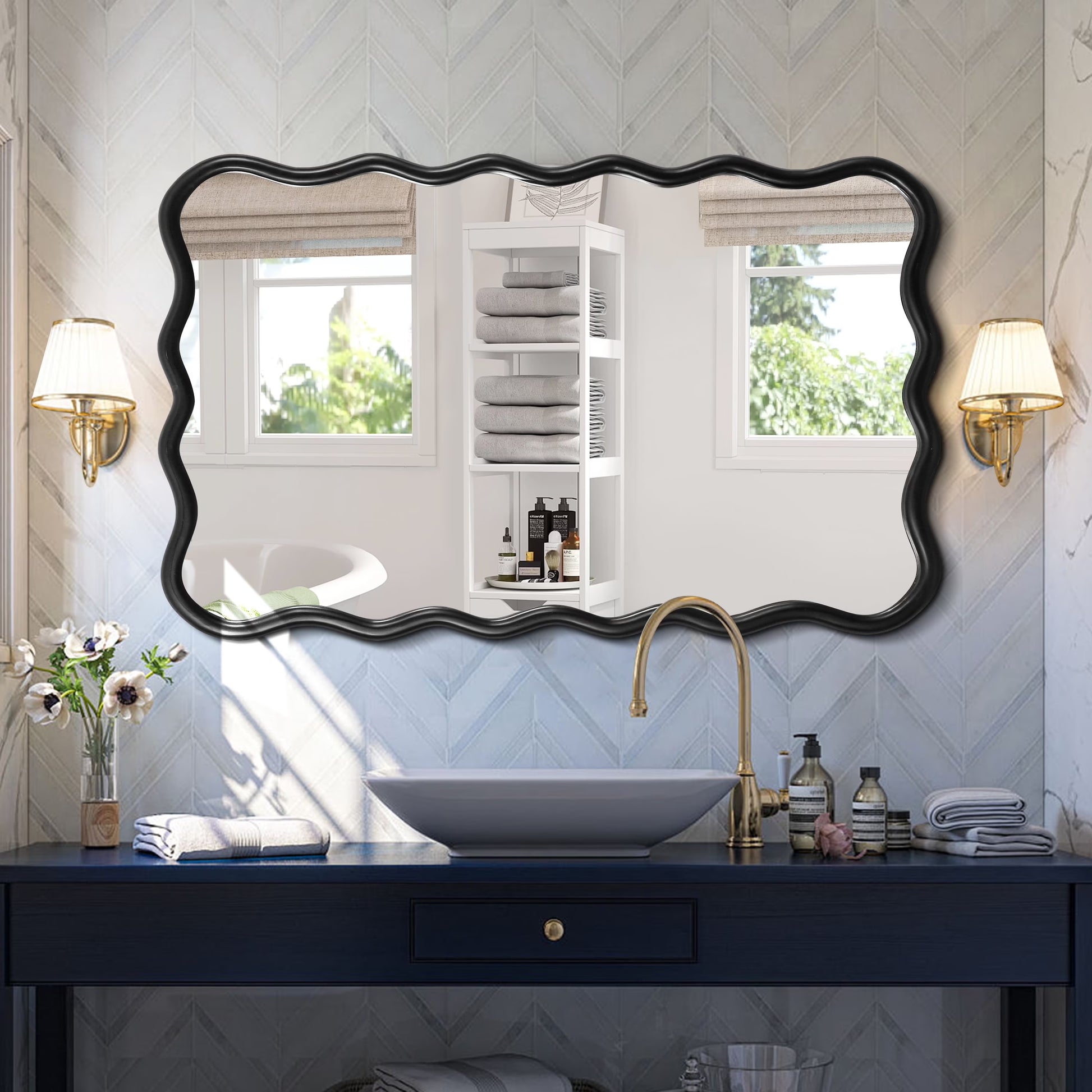 Large 40"x28" Solid Wood Rectangle Mirror in Antique Black - Modern Wall Decor for Home, Living Room, Bedroom, and Bathroom