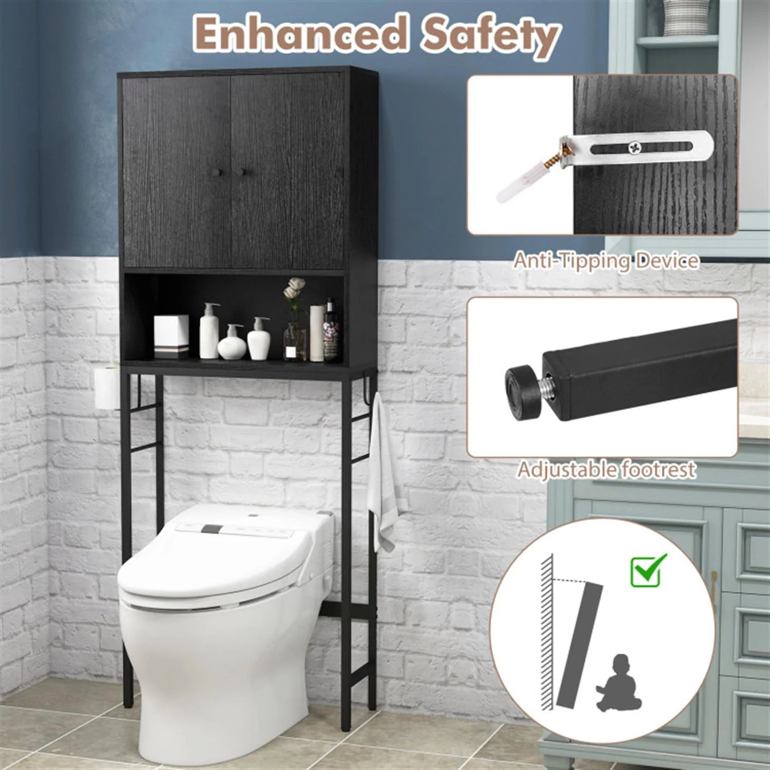 Finihen Over The Toilet Storage Cabinet, Storage Shelf, with 2 Doors and Adjustable Shelf, for Bathroom,Black