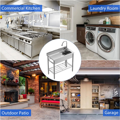 Garvee Utility Sink,39"x20"x37" Freestanding Single Bowl Kitchen Sink with Faucet & Drainboard,Stainless Steel Sink with Storage Shelves for Laundry Room Bathroom Farmhouse