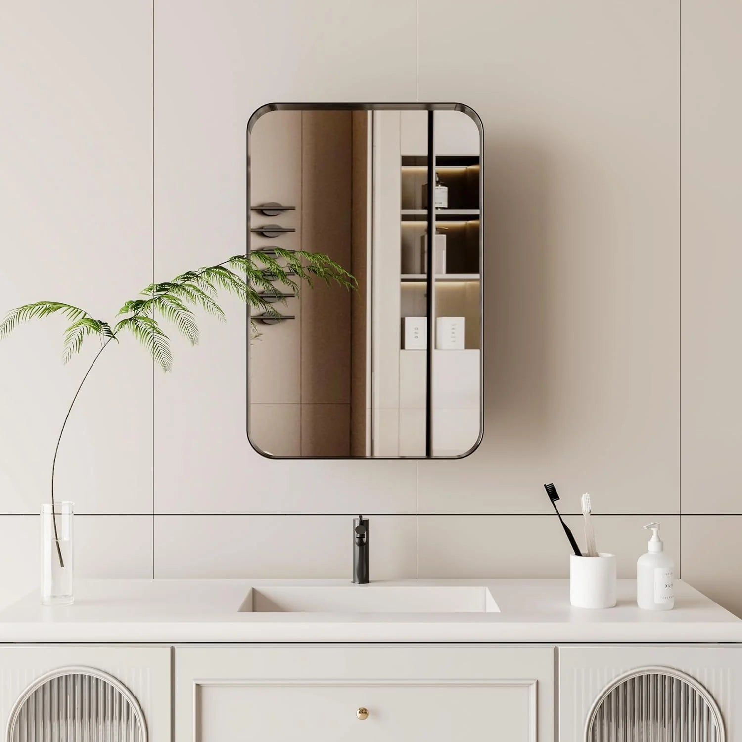 Bathroom Medicine Cabinet with Mirror,Recessed Round Corner Metal Framed Medicine Cabinet,Single Door Modern Storage Mirror Cabinet with Adjustable Shelves for Bathroom 15.74 x 23.6 Inch Matte Black