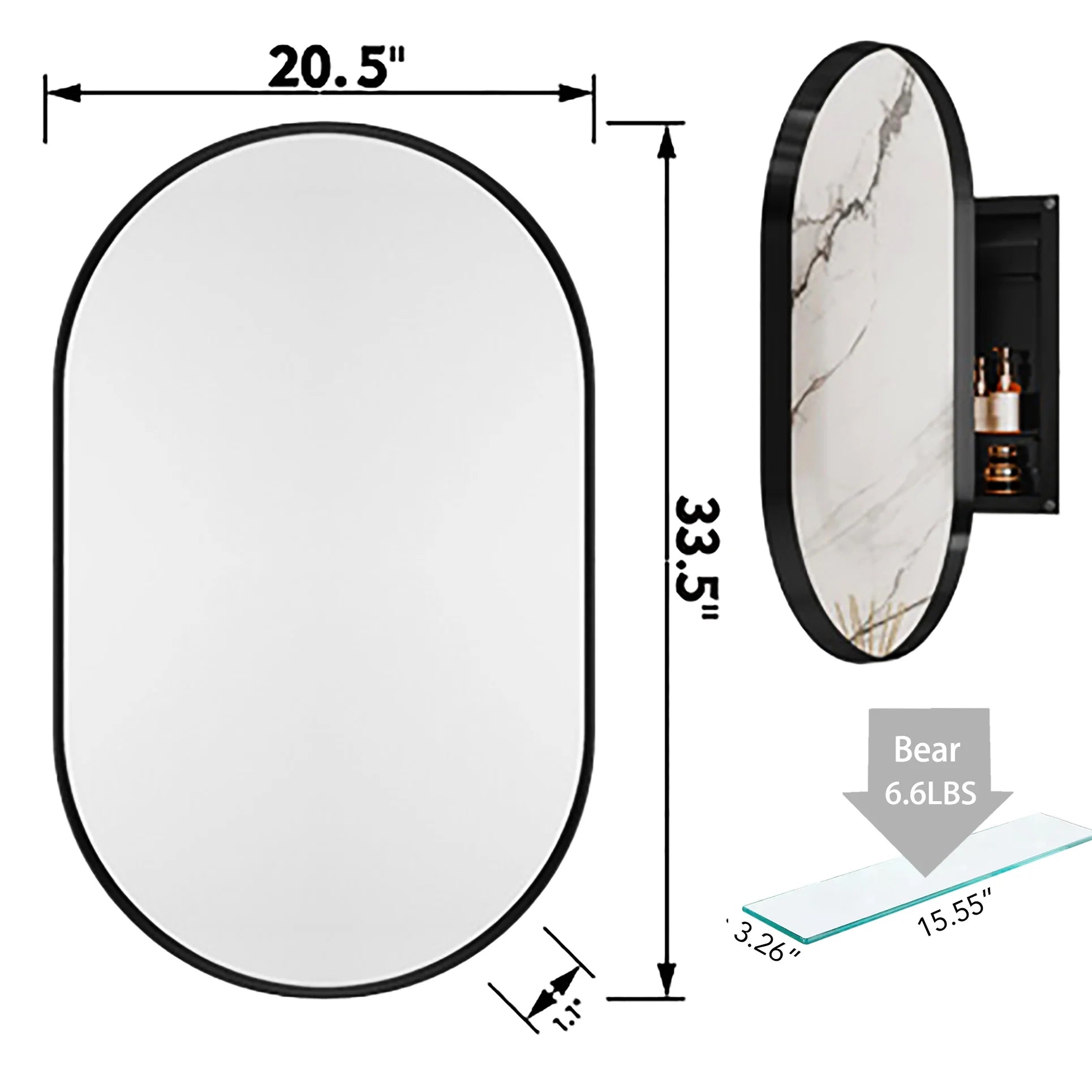 20x34 Inch Oval Recessed Bathroom Storage Cabinet, Matte Black Metal Frame, Mirror With Adjustable Shelves, Space Efficient Recessed, Versatile Functionality