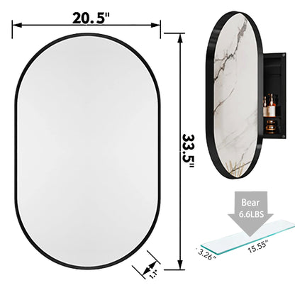 20x34 Inch Oval Recessed Bathroom Storage Cabinet, Matte Black Metal Frame, Mirror With Adjustable Shelves, Space Efficient Recessed, Versatile Functionality