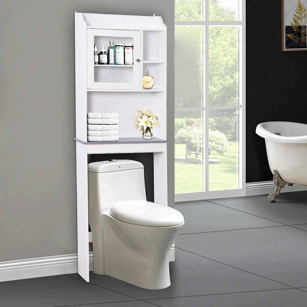 Over-The-Toilet Space Saver, Bathroom Storage Cabinet, Toilet Organizer with Adjustable Shelves and Door Cabinet, Wooden Behind Toilet Storage for Space Saving, Easy Assembly - White, K3822