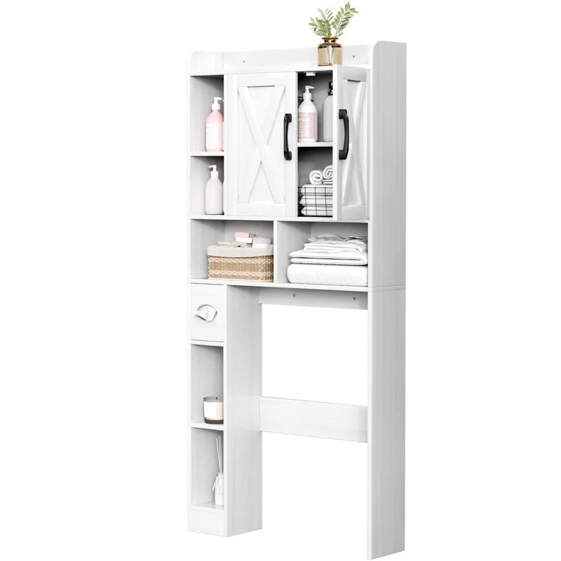 Furmax Farmhouse Style Over The Toilet Storage Cabinet with Barn Doors, Space Saver with Toilet Paper Holder for Bathroom and Restroom, White