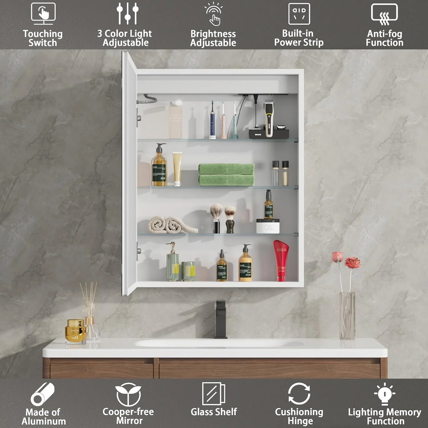 DEYGIA Medicine Cabinet with LED Mirror for Bathroom, 24''x30'' Aluminum, Wall Mounted Led Medicine Cabinet, Defog, Stepless Dimming, 3 Colors, 2 Outlets, 2USB (24'' x 30�?Single Door)