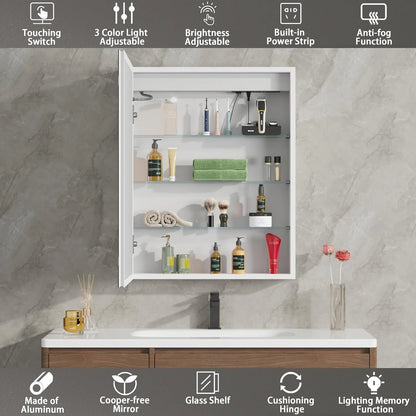 DEYGIA Medicine Cabinet with LED Mirror for Bathroom, 24''x30'' Aluminum, Wall Mounted Led Medicine Cabinet, Defog, Stepless Dimming, 3 Colors, 2 Outlets, 2USB (24'' x 30�?Single Door)
