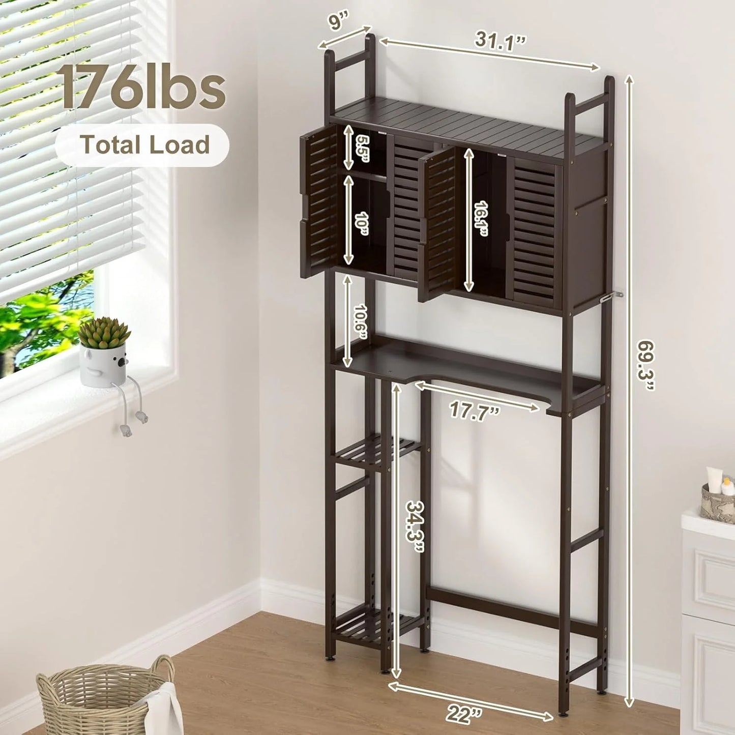 Over The Toilet Storage Cabinet with Paper Holder Stand,Bamboo Bathroom Organizer Shelf with Four Door and Waterproof Feet Pad,Space Saver Rack with Anti-Tip Design (Brown)