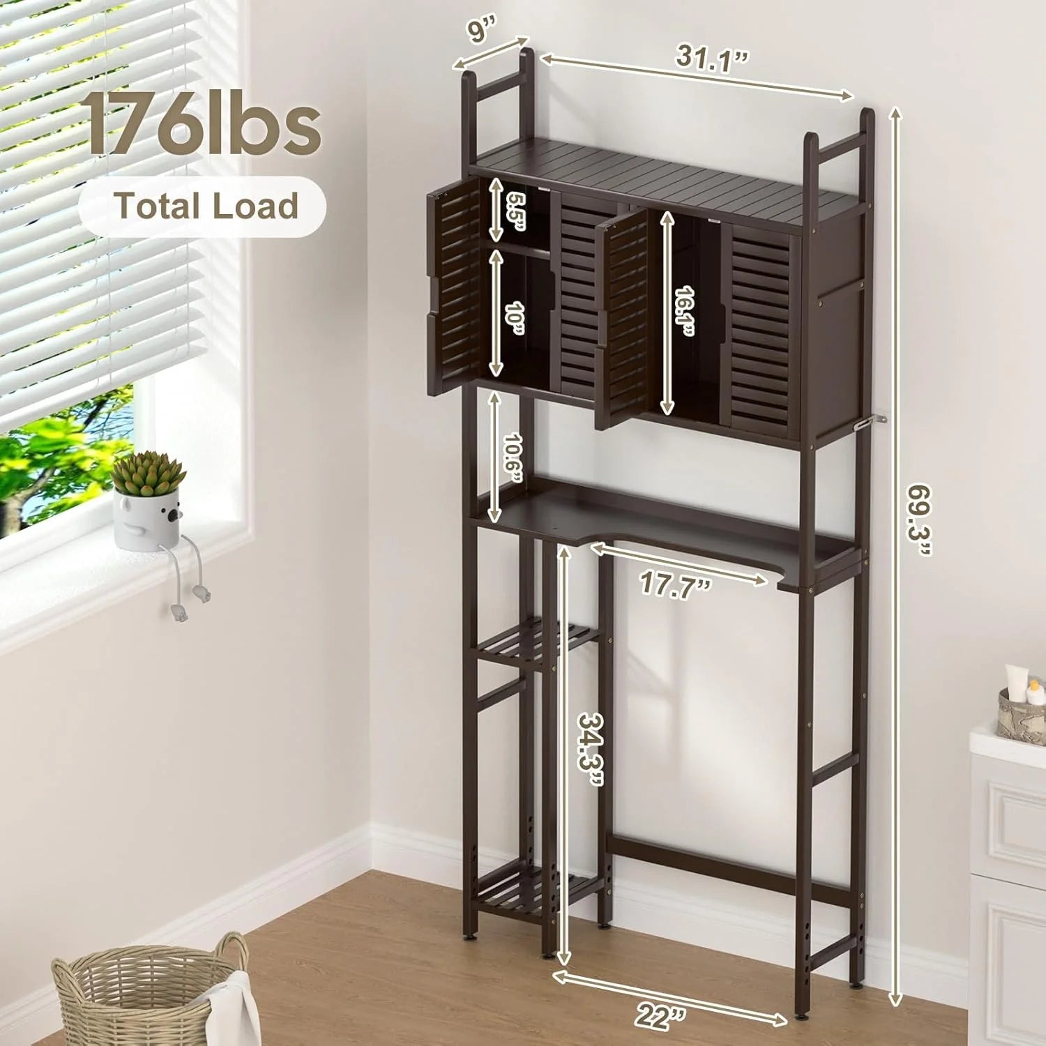 Over The Toilet Storage Cabinet with Paper Holder Stand,Bamboo Bathroom Organizer Shelf with Four Door and Waterproof Feet Pad,Space Saver Rack with Anti-Tip Design (Brown)