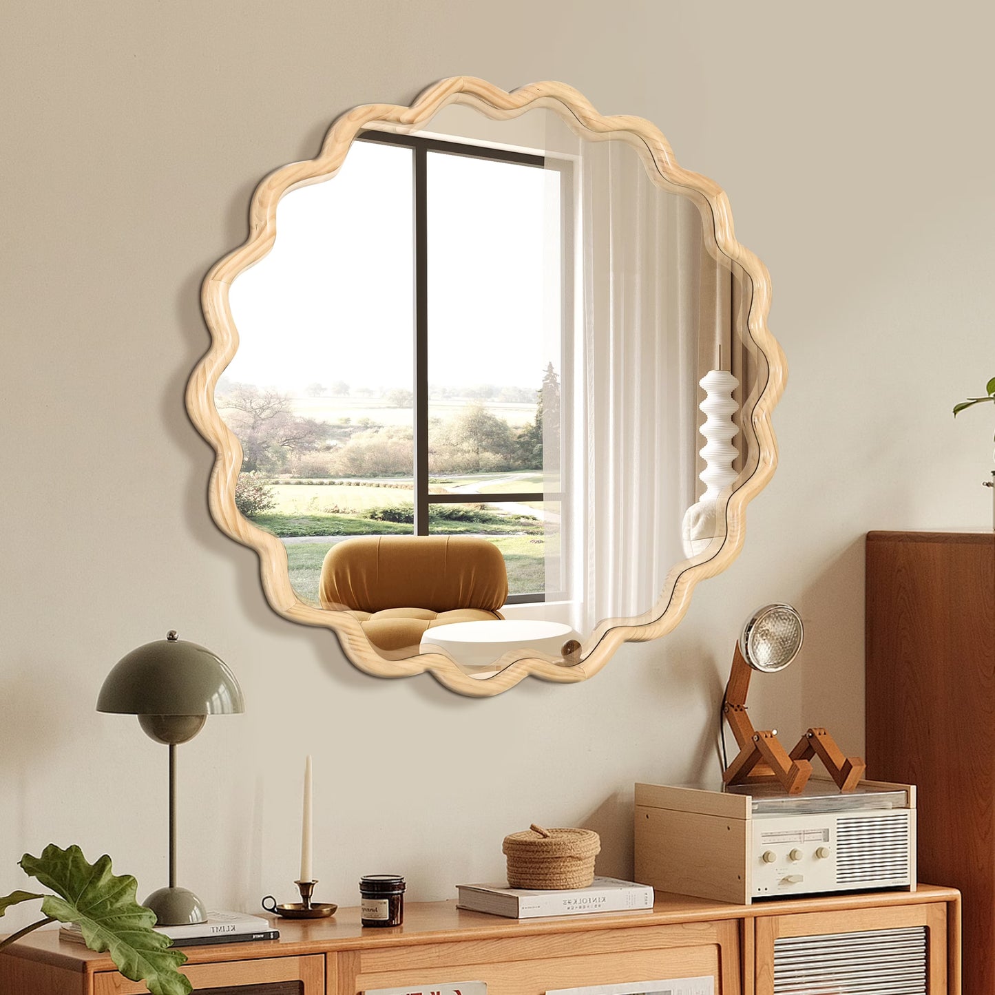 Dasun Solid Wood Wavy Square Mirror-Black 36" x 36" Modern Mirror Wall Decor for Bathroom, Bedroom, Living Room, Dining Room, Cloakroom, Entryway