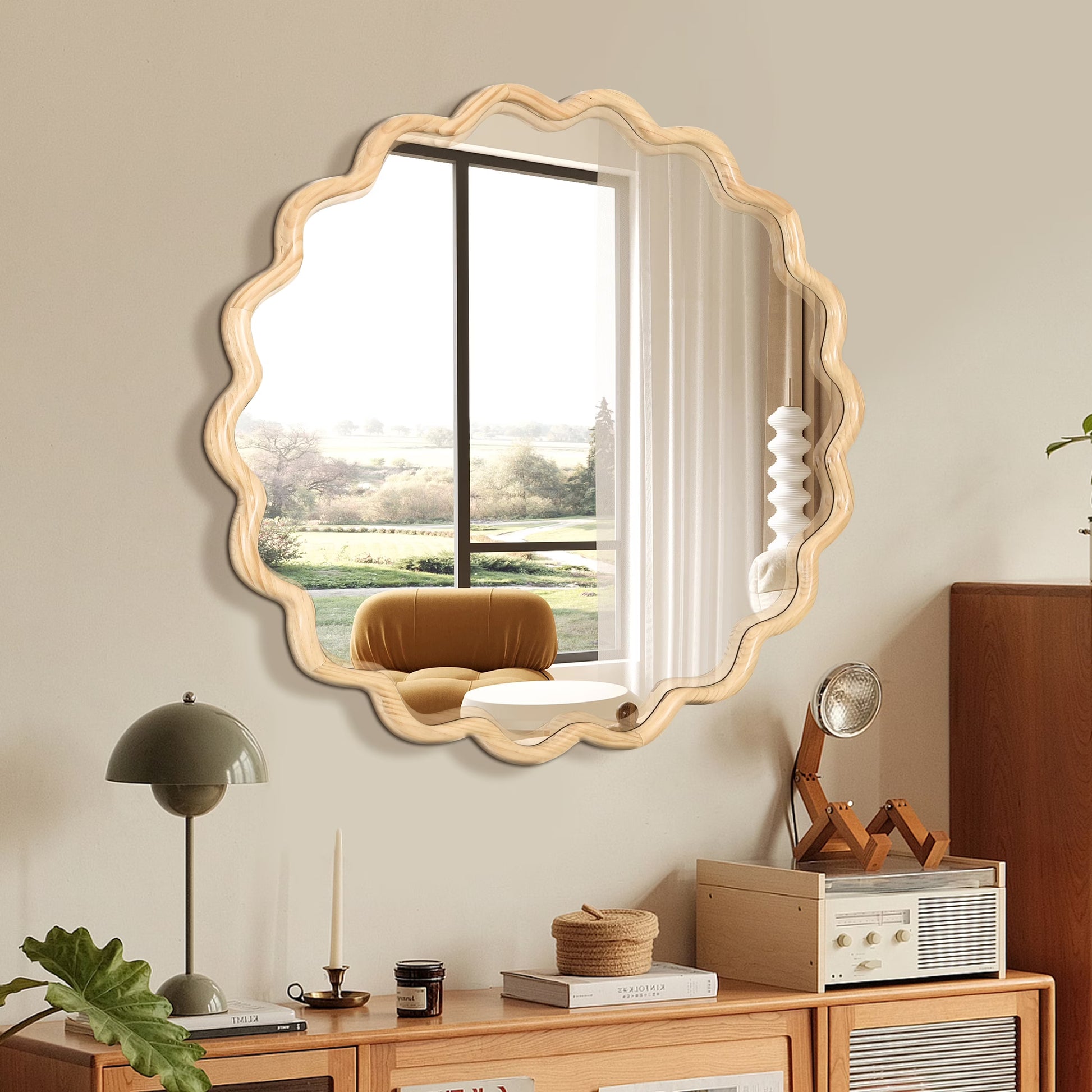 Dasun Solid Wood Wavy Square Mirror-Black 36" x 36" Modern Mirror Wall Decor for Bathroom, Bedroom, Living Room, Dining Room, Cloakroom, Entryway