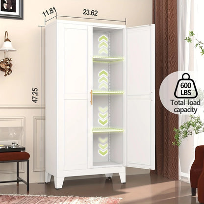 Modern Black Metal Storage Cabinet with Adjustable Feet - Freestanding Pantry Sideboard with 3 Shelves for Kitchen, Laundry, Bathroom, Living Room & Dining Area