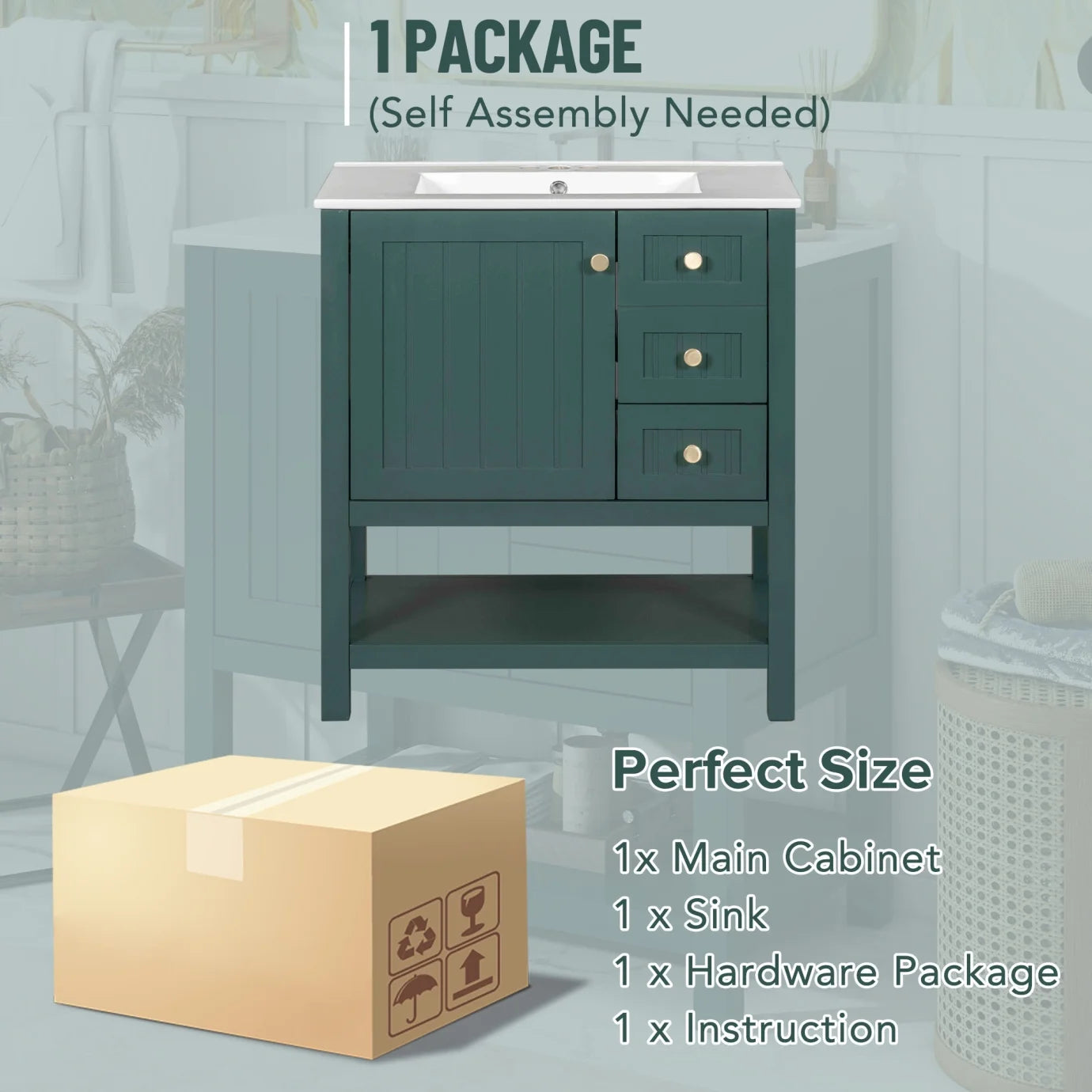 30" Transitional Green Bathroom Vanity with Sink Combo, Solid Wood Storage Cabinet featuring Soft Close Doors & 2 Drawers, Open Shelf, Waterproof Design & Easy Assembly for Modern Bathrooms